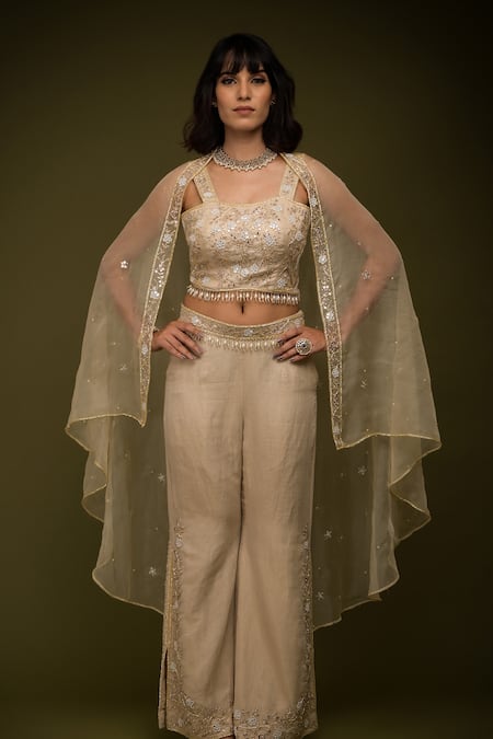 Shop Farha Syed Ivory Organza, Chanderi, Taffeta Cutdana Embroidered Floral Cape Pant Set Online at Aza Fashions Shop_Farha Syed_Ivory Organza, Chanderi, Taffeta Cutdana Embroidered Floral Cape Pant Set _Online_at_Aza_Fashions