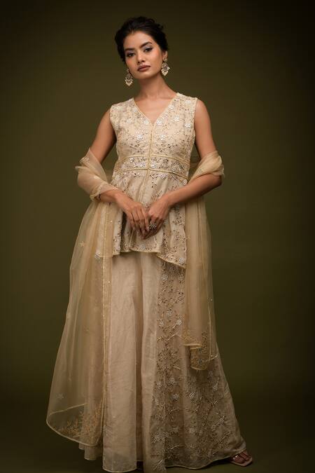 Farha Syed_Ivory Handloom Cotton, Taffeta, Embroidered Floral Peplum Kurta Sharara Set _Online_at_Aza_Fashions