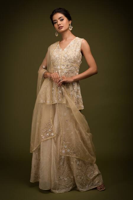 Buy_Farha Syed_Ivory Handloom Cotton, Taffeta, Embroidered Floral Peplum Kurta Sharara Set _Online_at_Aza_Fashions