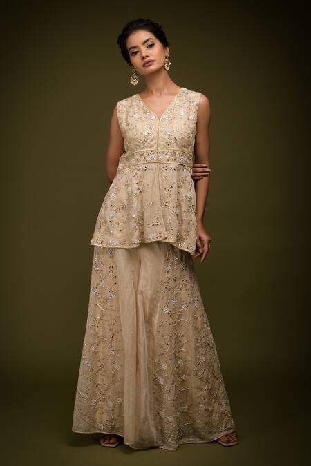 Shop_Farha Syed_Ivory Handloom Cotton, Taffeta, Embroidered Floral Peplum Kurta Sharara Set _Online_at_Aza_Fashions
