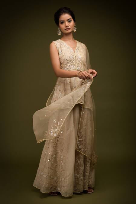 Farha Syed_Ivory Handloom Cotton, Taffeta, Embroidered Floral Peplum Kurta Sharara Set _at_Aza_Fashions