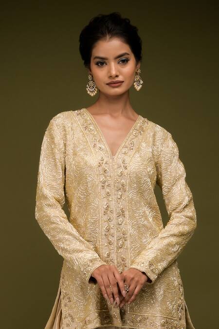 Farha Syed Ivory Pure Organza Embroidered Cutdana Rosette Jacket Kurta Dhoti Pant Set Online at Aza Fashions Farha Syed_Ivory Pure Organza Embroidered Cutdana Rosette Jacket Kurta Dhoti Pant Set _Online_at_Aza_Fashions