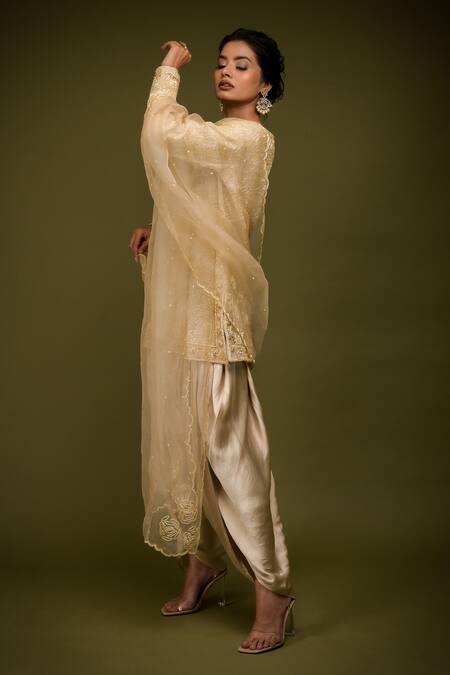 Buy Farha Syed Ivory Pure Organza Embroidered Cutdana Rosette Jacket Kurta Dhoti Pant Set Online at Aza Fashions Buy_Farha Syed_Ivory Pure Organza Embroidered Cutdana Rosette Jacket Kurta Dhoti Pant Set _Online_at_Aza_Fashions