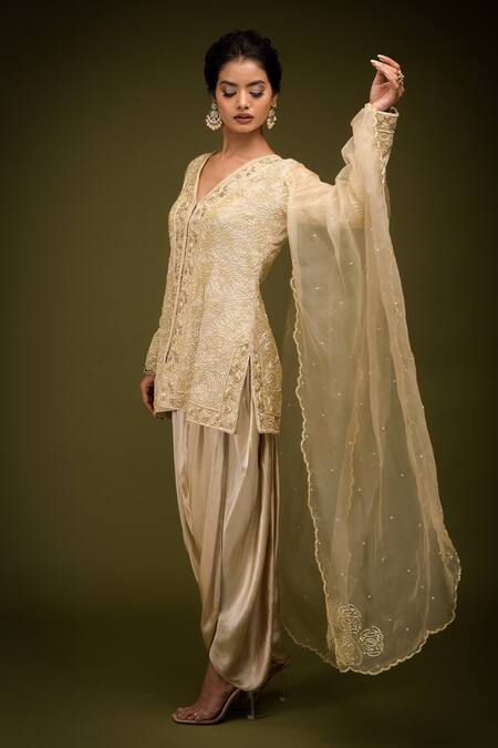 Shop Farha Syed Ivory Pure Organza Embroidered Cutdana Rosette Jacket Kurta Dhoti Pant Set Online at Aza Fashions Shop_Farha Syed_Ivory Pure Organza Embroidered Cutdana Rosette Jacket Kurta Dhoti Pant Set _Online_at_Aza_Fashions