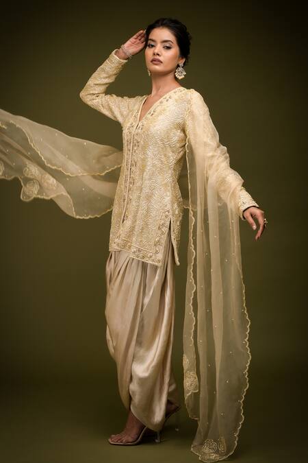 Farha Syed Ivory Pure Organza Embroidered Cutdana Rosette Jacket Kurta Dhoti Pant Set at Aza Fashions Farha Syed_Ivory Pure Organza Embroidered Cutdana Rosette Jacket Kurta Dhoti Pant Set _at_Aza_Fashions