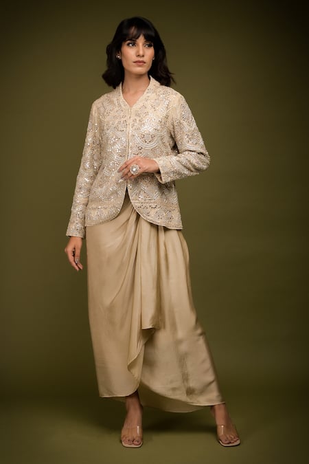 Farha Syed Ivory Handloom Tissue Chanderi Embroidered Scallop Zari Jacket Draped Skirt Set 