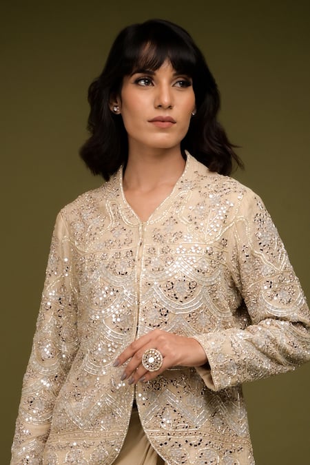 Farha Syed Ivory Handloom Tissue Chanderi Embroidered Scallop Zari Jacket Draped Skirt Set Online at Aza Fashions Farha Syed_Ivory Handloom Tissue Chanderi Embroidered Scallop Zari Jacket Draped Skirt Set _Online_at_Aza_Fashions