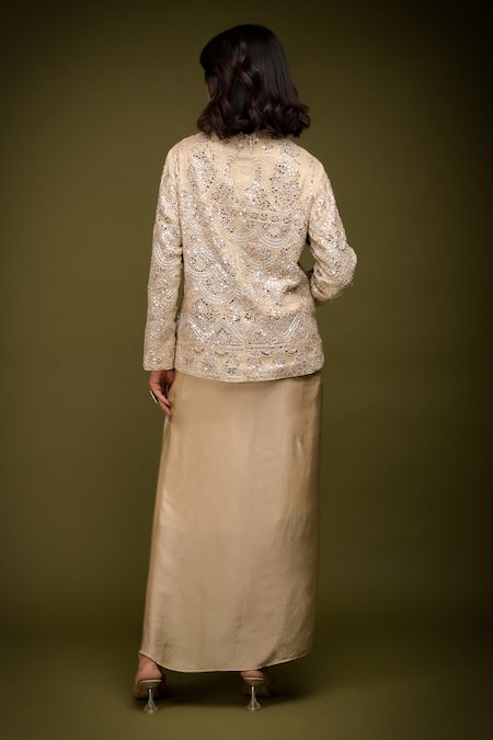 Shop Farha Syed Ivory Handloom Tissue Chanderi Embroidered Scallop Zari Jacket Draped Skirt Set at Aza Fashions Shop_Farha Syed_Ivory Handloom Tissue Chanderi Embroidered Scallop Zari Jacket Draped Skirt Set _at_Aza_Fashions