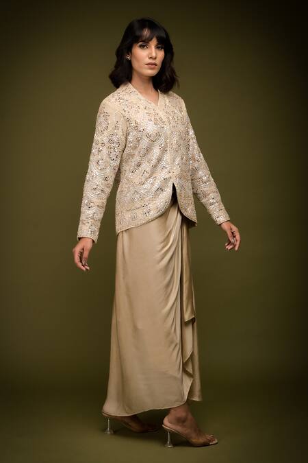 Buy Farha Syed Ivory Handloom Tissue Chanderi Embroidered Scallop Zari Jacket Draped Skirt Set Online at Aza Fashions Buy_Farha Syed_Ivory Handloom Tissue Chanderi Embroidered Scallop Zari Jacket Draped Skirt Set _Online_at_Aza_Fashions