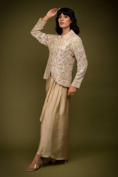 Shop Farha Syed Ivory Handloom Tissue Chanderi Embroidered Scallop Zari Jacket Draped Skirt Set Online at Aza Fashions Shop_Farha Syed_Ivory Handloom Tissue Chanderi Embroidered Scallop Zari Jacket Draped Skirt Set _Online_at_Aza_Fashions