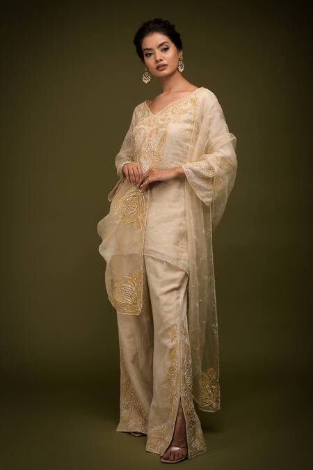 Farha Syed Ivory Handloom Tissue Chanderi Embroidered Floral Swirl Cutwork Kurta Pant Set Online at Aza Fashions Farha Syed_Ivory Handloom Tissue Chanderi Embroidered Floral Swirl Cutwork Kurta Pant Set _Online_at_Aza_Fashions