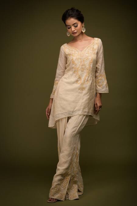 Buy Farha Syed Ivory Handloom Tissue Chanderi Embroidered Floral Swirl Cutwork Kurta Pant Set Online at Aza Fashions Buy_Farha Syed_Ivory Handloom Tissue Chanderi Embroidered Floral Swirl Cutwork Kurta Pant Set _Online_at_Aza_Fashions