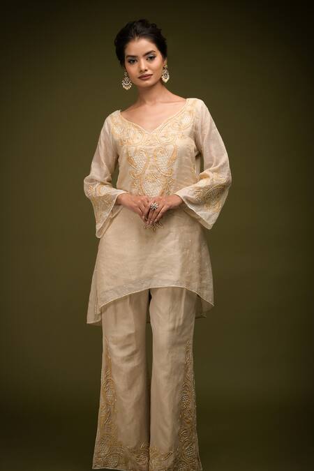 Farha Syed Ivory Handloom Tissue Chanderi Embroidered Floral Swirl Cutwork Kurta Pant Set at Aza Fashions Farha Syed_Ivory Handloom Tissue Chanderi Embroidered Floral Swirl Cutwork Kurta Pant Set _at_Aza_Fashions