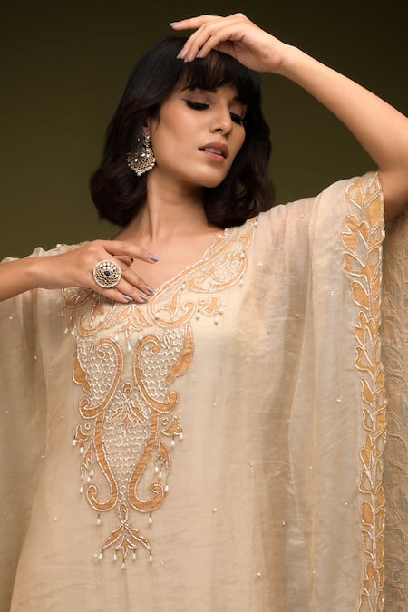 Farha Syed Ivory Handloom Cotton, Taffeta, Chanderi Cut Floral Cutwork Embroidered Kaftan Online at Aza Fashions Farha Syed_Ivory Handloom Cotton, Taffeta, Chanderi Cut Floral Cutwork Embroidered Kaftan _Online_at_Aza_Fashions