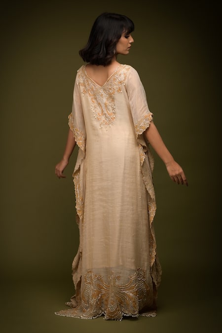 Shop Farha Syed Ivory Handloom Cotton, Taffeta, Chanderi Cut Floral Cutwork Embroidered Kaftan at Aza Fashions Shop_Farha Syed_Ivory Handloom Cotton, Taffeta, Chanderi Cut Floral Cutwork Embroidered Kaftan _at_Aza_Fashions