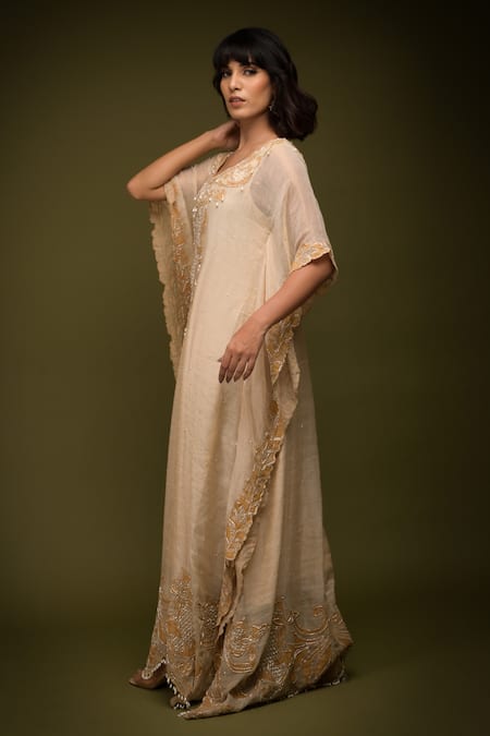 Shop Farha Syed Ivory Handloom Cotton, Taffeta, Chanderi Cut Floral Cutwork Embroidered Kaftan Online at Aza Fashions Shop_Farha Syed_Ivory Handloom Cotton, Taffeta, Chanderi Cut Floral Cutwork Embroidered Kaftan _Online_at_Aza_Fashions