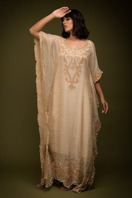 Farha Syed Ivory Handloom Cotton, Taffeta, Chanderi Cut Floral Cutwork Embroidered Kaftan at Aza Fashions Farha Syed_Ivory Handloom Cotton, Taffeta, Chanderi Cut Floral Cutwork Embroidered Kaftan _at_Aza_Fashions