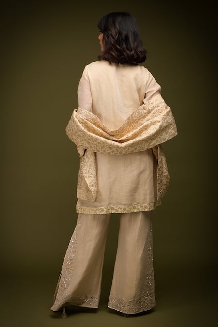 Shop Farha Syed Ivory Brocade, Handloom Cotton, Taffeta Embroidery, Floral Kurta Pant Set at Aza Fashions Shop_Farha Syed_Ivory Brocade, Handloom Cotton, Taffeta Embroidery, Floral Kurta Pant Set _at_Aza_Fashions