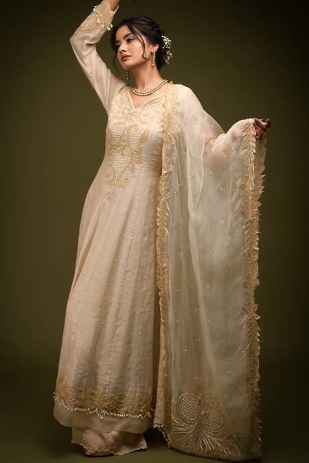 Shop Farha Syed Ivory Taffeta, Organza, Silk Satin, Cutdana Cutwork Anarkali Palazzo Set Online at Aza Fashions Shop_Farha Syed_Ivory Taffeta, Organza, Silk Satin, Cutdana Cutwork Anarkali Palazzo Set _Online_at_Aza_Fashions