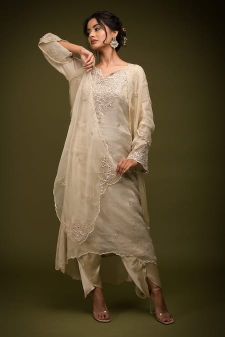 Farha Syed Ivory Satin, Organza Cut Work, Cutdana Embroidered Floral Kurta Dhoti Pant Set 