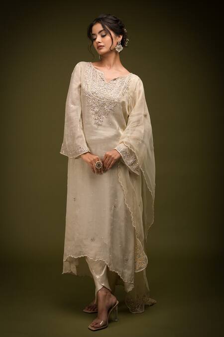 Shop Farha Syed Ivory Satin, Organza Cut Work, Cutdana Embroidered Floral Kurta Dhoti Pant Set Online at Aza Fashions Shop_Farha Syed_Ivory Satin, Organza Cut Work, Cutdana Embroidered Floral Kurta Dhoti Pant Set _Online_at_Aza_Fashions