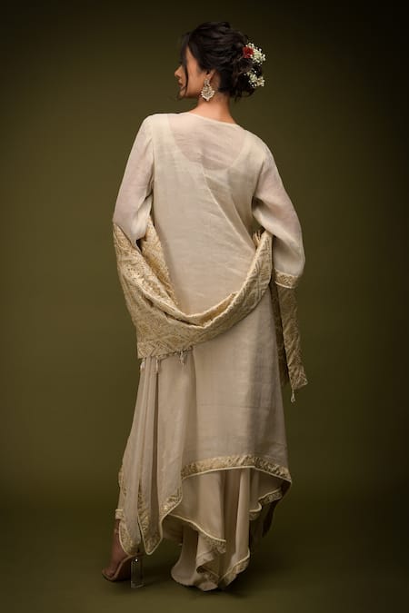 Shop Farha Syed Ivory Brocade Embroidered Cutdana V-neck Floral Jaal Kurta Pant Set at Aza Fashions Shop_Farha Syed_Ivory Brocade Embroidered Cutdana V-neck Floral Jaal Kurta Pant Set _at_Aza_Fashions