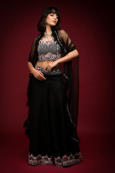 Farha Syed Black Linen, Silk Beads, Feathers, Cut Embellished Cape Cutwork Bustier Set 