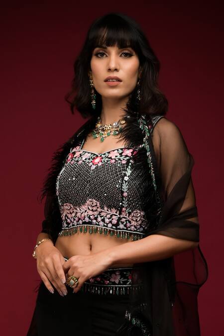 Farha Syed Black Linen, Silk Beads, Feathers, Cut Embellished Cape Cutwork Bustier Set Online at Aza Fashions Farha Syed_Black Linen, Silk Beads, Feathers, Cut Embellished Cape Cutwork Bustier Set _Online_at_Aza_Fashions