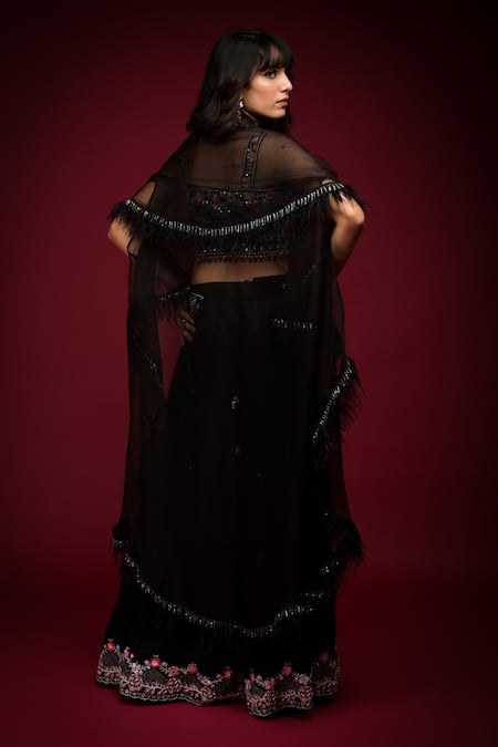 Shop Farha Syed Black Linen, Silk Beads, Feathers, Cut Embellished Cape Cutwork Bustier Set at Aza Fashions Shop_Farha Syed_Black Linen, Silk Beads, Feathers, Cut Embellished Cape Cutwork Bustier Set _at_Aza_Fashions