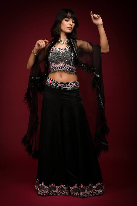 Shop Farha Syed Black Linen, Silk Beads, Feathers, Cut Embellished Cape Cutwork Bustier Set Online at Aza Fashions Shop_Farha Syed_Black Linen, Silk Beads, Feathers, Cut Embellished Cape Cutwork Bustier Set _Online_at_Aza_Fashions