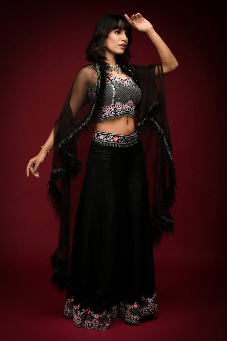 Farha Syed Black Linen, Silk Beads, Feathers, Cut Embellished Cape Cutwork Bustier Set at Aza Fashions Farha Syed_Black Linen, Silk Beads, Feathers, Cut Embellished Cape Cutwork Bustier Set _at_Aza_Fashions