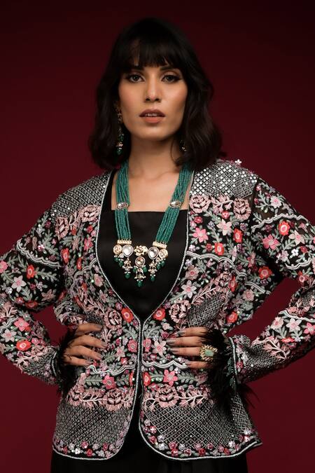 Farha Syed Black Pure Organza Embroidered Cutdana Jacket Open Cutwork Floral With Gown Online at Aza Fashions Farha Syed_Black Pure Organza Embroidered Cutdana Jacket Open Cutwork Floral With Gown _Online_at_Aza_Fashions