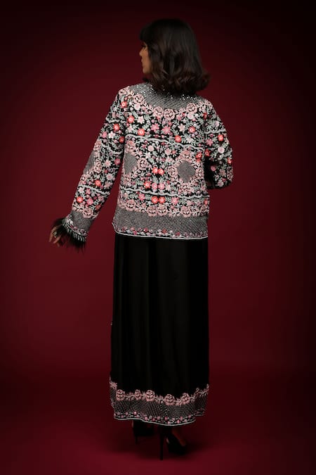 Shop Farha Syed Black Pure Organza Embroidered Cutdana Jacket Open Cutwork Floral With Gown at Aza Fashions Shop_Farha Syed_Black Pure Organza Embroidered Cutdana Jacket Open Cutwork Floral With Gown _at_Aza_Fashions