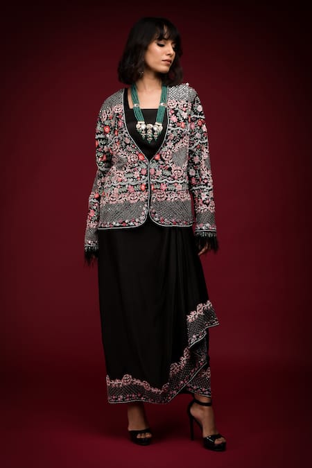 Buy Farha Syed Black Pure Organza Embroidered Cutdana Jacket Open Cutwork Floral With Gown Online at Aza Fashions Buy_Farha Syed_Black Pure Organza Embroidered Cutdana Jacket Open Cutwork Floral With Gown _Online_at_Aza_Fashions