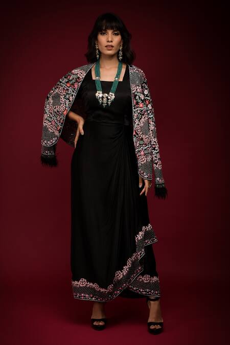 Shop Farha Syed Black Pure Organza Embroidered Cutdana Jacket Open Cutwork Floral With Gown Online at Aza Fashions Shop_Farha Syed_Black Pure Organza Embroidered Cutdana Jacket Open Cutwork Floral With Gown _Online_at_Aza_Fashions