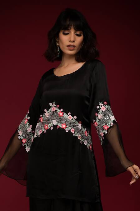 Farha Syed_Black Satin Embroidered Thread Round Floral Placement Kurta With Skirt _Online_at_Aza_Fashions
