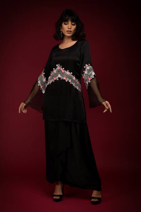 Buy_Farha Syed_Black Satin Embroidered Thread Round Floral Placement Kurta With Skirt _Online_at_Aza_Fashions