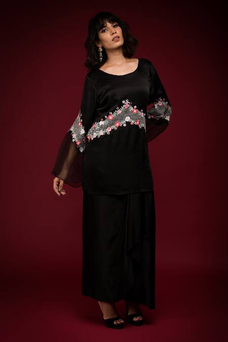 Shop_Farha Syed_Black Satin Embroidered Thread Round Floral Placement Kurta With Skirt _Online_at_Aza_Fashions