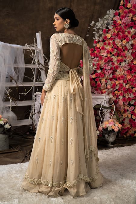 Shop Farha Syed Ivory Organza, Tissue, Chanderi Floral And Cutdana Embroidered Lehenga Set at Aza Fashions Shop_Farha Syed_Ivory Organza, Tissue, Chanderi Floral And Cutdana Embroidered Lehenga Set _at_Aza_Fashions