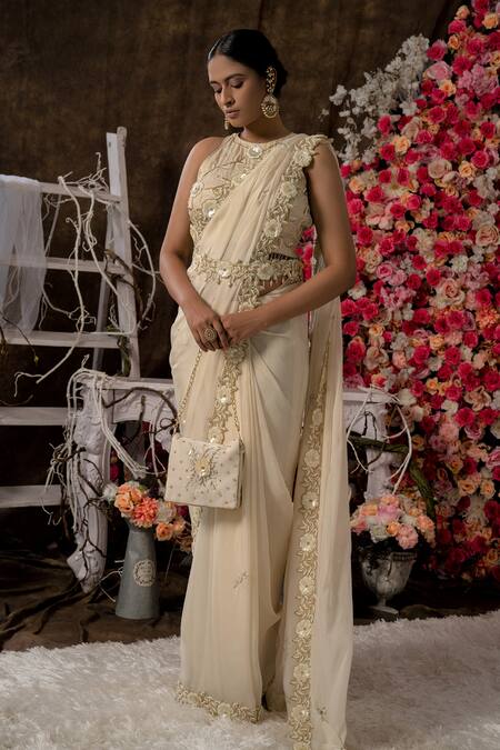 Farha Syed_Ivory Handloom Cotton, Chanderi, Organza Pearls, Floral Cutwork Border Saree Set _Online_at_Aza_Fashions