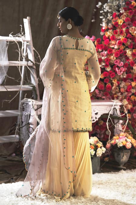 Shop Farha Syed Beige Georgette, Handloom Cotton, Organza Cut Work, Floral Kurta Gharara Set at Aza Fashions Shop_Farha Syed_Beige Georgette, Handloom Cotton, Organza Cut Work, Floral Kurta Gharara Set _at_Aza_Fashions