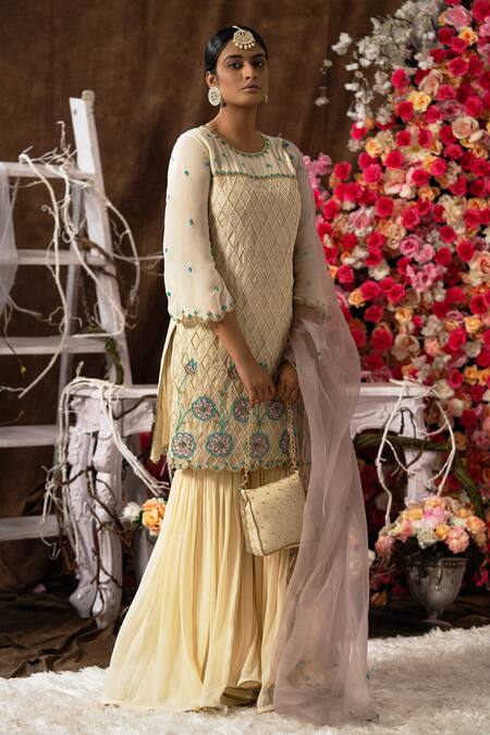 Farha Syed Beige Georgette, Handloom Cotton, Organza Cut Work, Floral Kurta Gharara Set Online at Aza Fashions Farha Syed_Beige Georgette, Handloom Cotton, Organza Cut Work, Floral Kurta Gharara Set _Online_at_Aza_Fashions