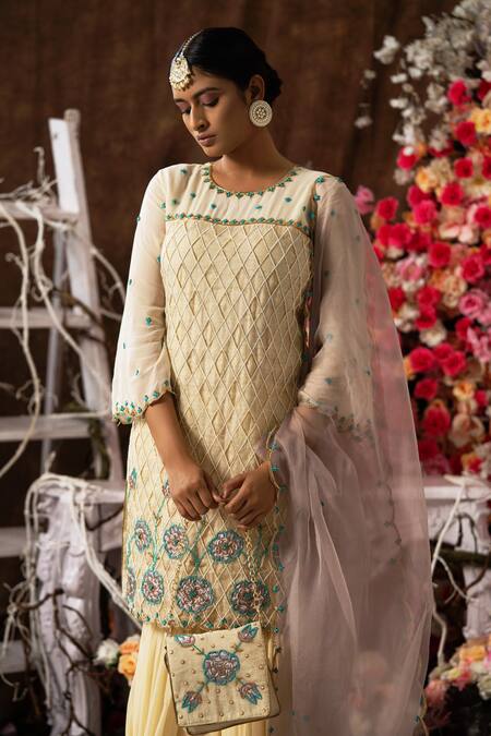 Buy Farha Syed Beige Georgette, Handloom Cotton, Organza Cut Work, Floral Kurta Gharara Set Online at Aza Fashions Buy_Farha Syed_Beige Georgette, Handloom Cotton, Organza Cut Work, Floral Kurta Gharara Set _Online_at_Aza_Fashions