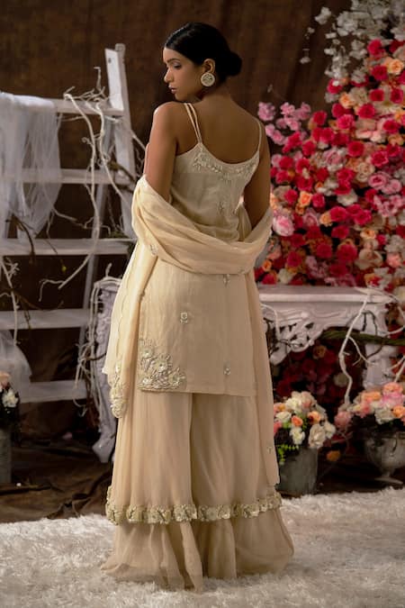 Shop Farha Syed Beige Handloom Cotton, Chanderi, Silk, Floral Applique Kurta And Sharara Set at Aza Fashions Shop_Farha Syed_Beige Handloom Cotton, Chanderi, Silk, Floral Applique Kurta And Sharara Set _at_Aza_Fashions