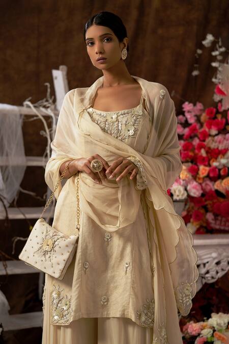 Farha Syed Beige Handloom Cotton, Chanderi, Silk, Floral Applique Kurta And Sharara Set Online at Aza Fashions Farha Syed_Beige Handloom Cotton, Chanderi, Silk, Floral Applique Kurta And Sharara Set _Online_at_Aza_Fashions