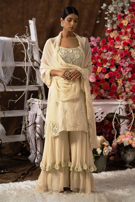 Buy Farha Syed Beige Handloom Cotton, Chanderi, Silk, Floral Applique Kurta And Sharara Set Online at Aza Fashions Buy_Farha Syed_Beige Handloom Cotton, Chanderi, Silk, Floral Applique Kurta And Sharara Set _Online_at_Aza_Fashions