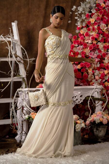 Farha Syed Ivory Georgette, Taffeta Zari, Sequins, Fishcut Embroidered Pre-draped Saree Set Online at Aza Fashions Farha Syed_Ivory Georgette, Taffeta Zari, Sequins, Fishcut Embroidered Pre-draped Saree Set _Online_at_Aza_Fashions