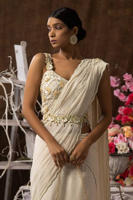Buy Farha Syed Ivory Georgette, Taffeta Zari, Sequins, Fishcut Embroidered Pre-draped Saree Set Online at Aza Fashions Buy_Farha Syed_Ivory Georgette, Taffeta Zari, Sequins, Fishcut Embroidered Pre-draped Saree Set _Online_at_Aza_Fashions