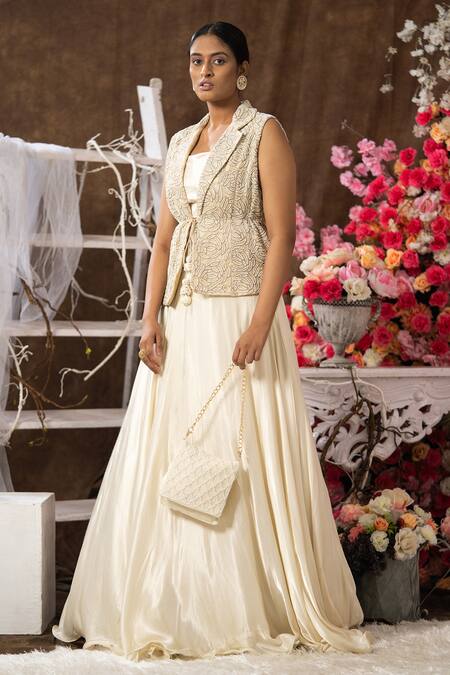 Buy Farha Syed Ivory Modal And Chanderi Embroidered Cutdana Floral Jacket & Flared Skirt Set Online at Aza Fashions Buy_Farha Syed_Ivory Modal And Chanderi Embroidered Cutdana Floral Jacket & Flared Skirt Set _Online_at_Aza_Fashions