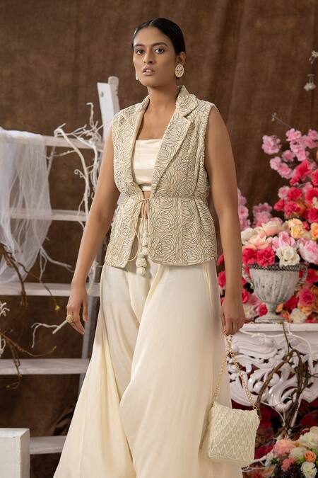 Farha Syed_Ivory Modal And Chanderi Embroidered Cutdana Lapel Floral Jacket & Dhoti Pant Set _Online_at_Aza_Fashions